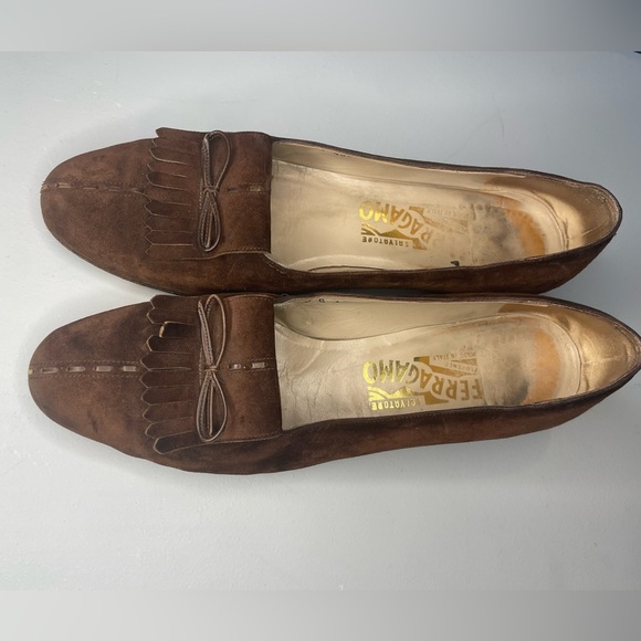Salvatore Ferragamo Vintage Brown Suede Women’s Loafer Heel Fringe Bow Size 9 - Picture 14 of 16